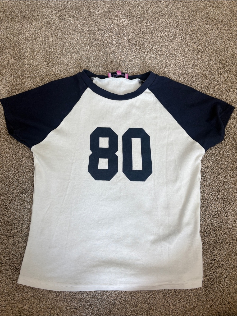 Edikted White and Navy Raglan Tee with Navy '80' Graphic
